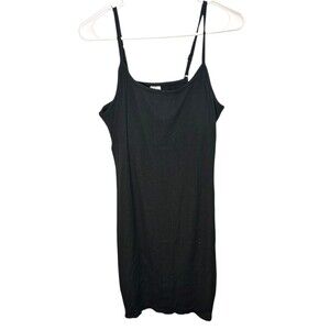 Real Essentials Ladies Spaghetti Strap Ribbed Tank Mini Dress Built-In Bra Black